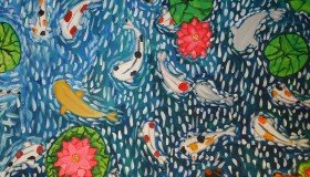 Remember the Source of the Water "Carps in Pond" - painting by Elizabeth Ong