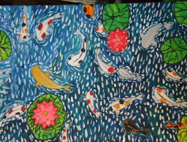 Remember the Source of the Water "Carps in Pond" - painting by Elizabeth Ong