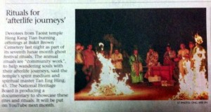 Report in the Straits Times on last night's ritual by Heng Kang Tian at Bt Brown_Victor Yue